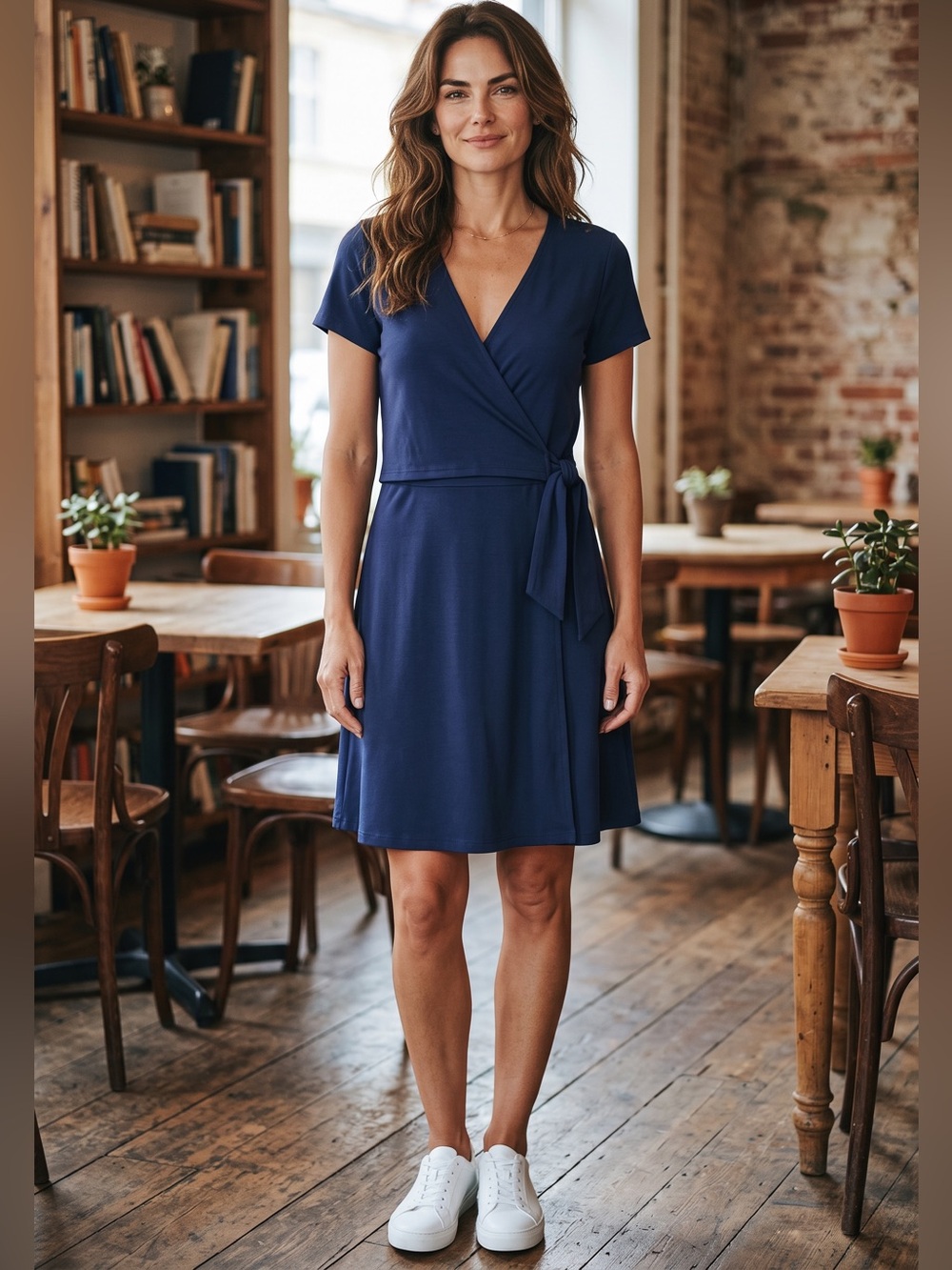 Lands' End Navy Short Sleeve Faux Wrap Ponte Dress Size Medium